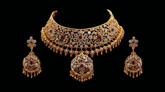 Luxurious indian bridal gold necklace set with traditional ethnic jewelry design, elegant wedding necklace and matching ornament collection, intricate antique style gold accessories for bride, cultura
