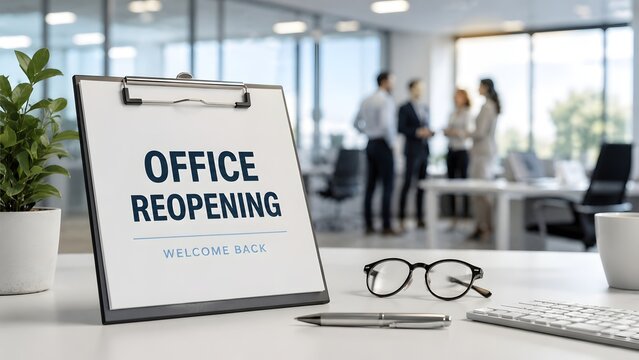 Clipboard with office reopening welcome back text on a desk with blurred business team meeting in the background.