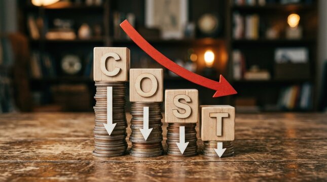 Concept of Cost Reduction with Falling Coins and Arrow.