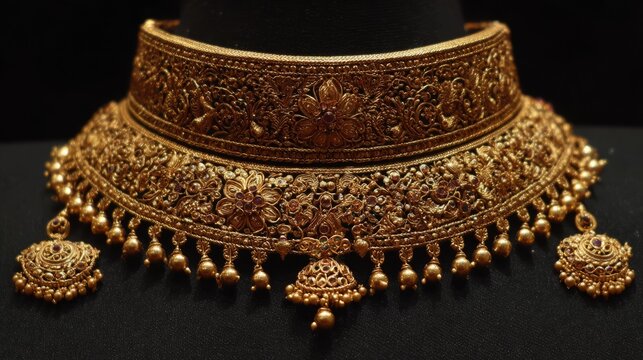 Luxurious indian bridal gold necklace set with traditional ethnic jewelry design, elegant wedding necklace and matching ornament collection, intricate antique style gold accessories for bride, cultura