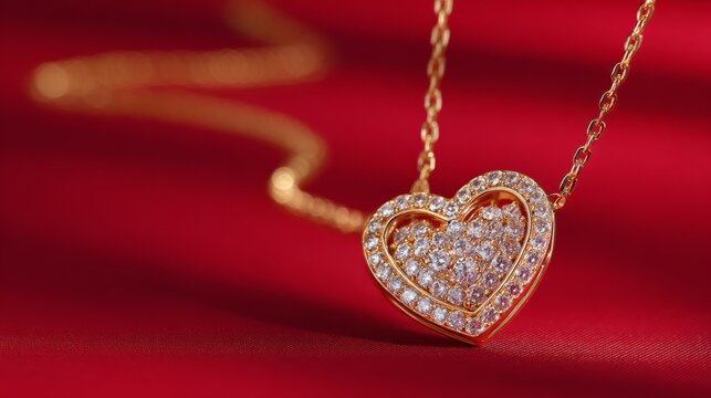 elegant heart shaped diamond necklace on red background, luxury romantic jewelry gift, sparkling precious pendant, fine fashion accessory for valentine, anniversary, wedding, love celebration and prem