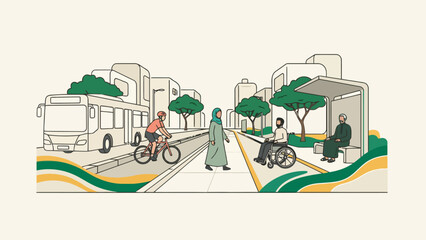 Fototapeta premium Urban scene with cyclists and a bus in a sustainable city environment