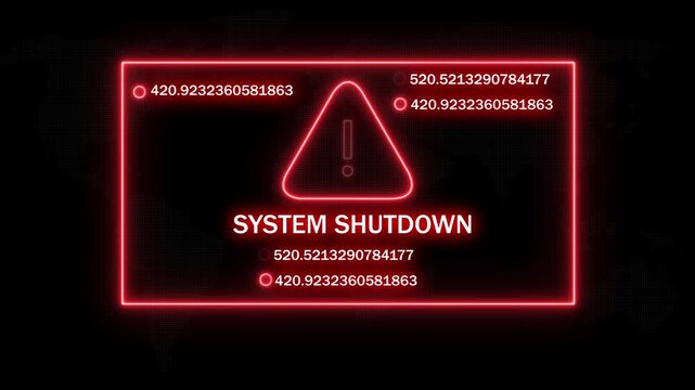 Neon red digital system shutdown warning interface with flashing alert and changing data streams for cybersecurity, cyber attack simulation, network failure, and high-tech computer error notification