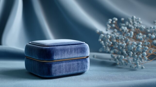 Minimal cosmetic product display background with vintage blue velvet jewelry box on elegant blue fabric, luxury presentation podium for beauty, skincare and jewelry branding, 3d render illustration wi