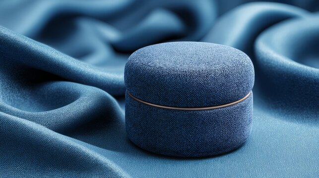 Minimal cosmetic product display background with vintage blue velvet jewelry box on elegant blue fabric, luxury presentation podium for beauty, skincare and jewelry branding, 3d render illustration wi
