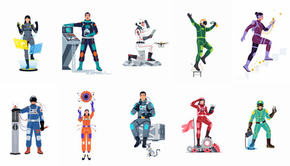 Collection of diverse futuristic astronauts and space researchers engaged in scientific exploration, data analysis, and advanced technology operations across the galaxy. © benjamin