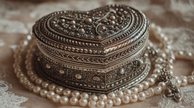 Old Vintage Heart Shaped Silver Jewelry Box with Freshwater Pearl Strands, Elegant Bridal Accessories for Wedding Ceremony, Romantic Marriage Concept, Timeless Keepsake Gift, Classic Luxury Jewelry St