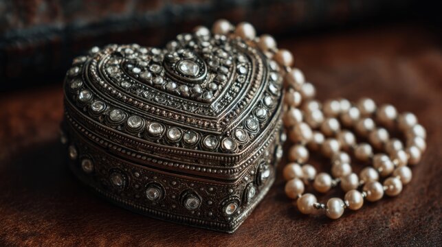 Old Vintage Heart Shaped Silver Jewelry Box with Freshwater Pearl Strands, Elegant Bridal Accessories for Wedding Ceremony, Romantic Marriage Concept, Timeless Keepsake Gift, Classic Luxury Jewelry St