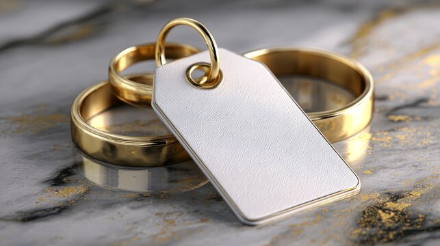 Blank paper tag attached to elegant gold rings mockup, luxury jewelry label template, realistic 3d render for branding, retail packaging, product display, price tag design, premium jewelry presentatio