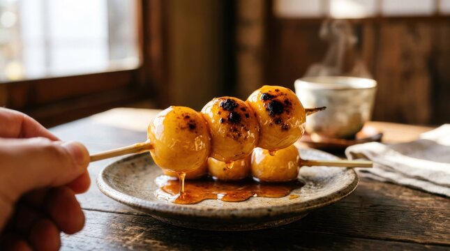 Delicious Japanese Mitarashi Dango dessert served on a plate.