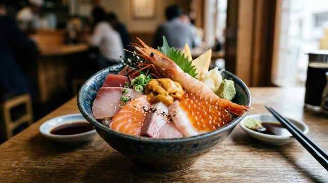 Delicious Japanese Chirashi Donburi with Fresh Sashimi and Shrimp.