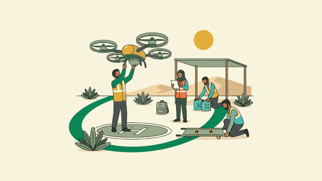 Workers using a drone in desert for modern agricultural operations