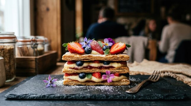 Delicious Mille-feuille Pastry with Fresh Berries and Edible Flowers.