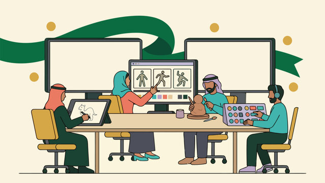 Diverse team collaborating in a creative workspace with digital tools