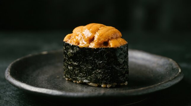 Delicious Sea Urchin Gunkan Maki Sushi on a Dark Plate.