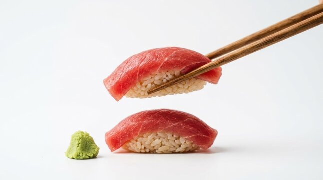 Delicious Tuna Nigiri Sushi Being Picked Up With Chopsticks.