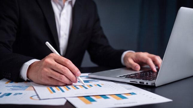 ai productivity and business automation concept: a professional typing on a laptop with a futuristic assistant interface, chatbot tools, analytics, and digital workflow icons