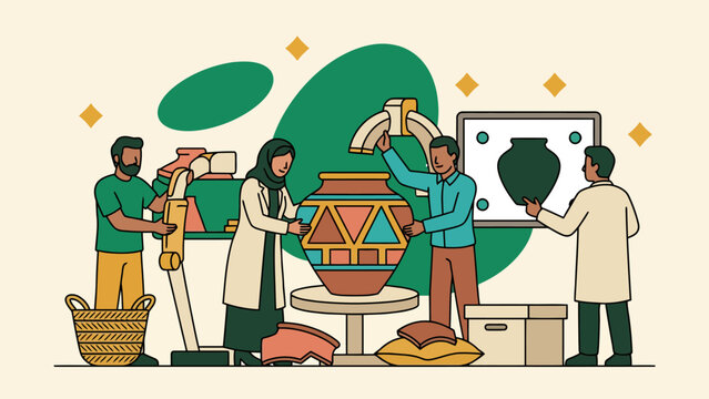 Artisans engaging in traditional pottery and craftsmanship activities in a workshop
