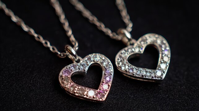 Elegant silver necklaces with heart pendants on black background, luxury romantic jewelry collection for women, stylish love symbol accessories, fine fashion necklace display, minimalist gift concept 