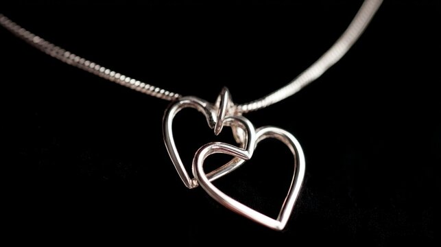 Elegant silver necklaces with heart pendants on black background, luxury romantic jewelry collection for women, stylish love symbol accessories, fine fashion necklace display, minimalist gift concept 