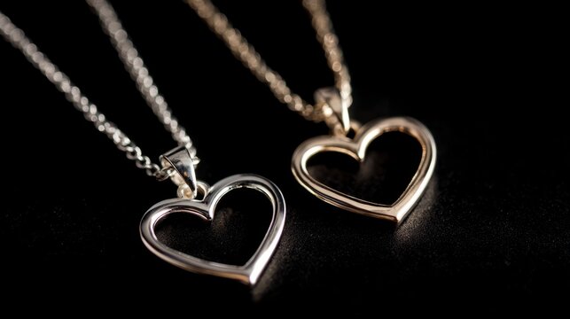 Elegant silver necklaces with heart pendants on black background, luxury romantic jewelry collection for women, stylish love symbol accessories, fine fashion necklace display, minimalist gift concept 