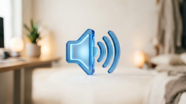 Digital Audio Icon Overlayed on a Blurred Bedroom Interior.