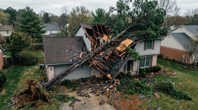 Devastated House After Tree Fall Causing Severe Roof Damage.