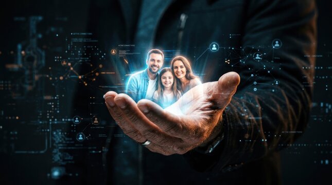 Digital Family Protection Hologram Held in Hand with Futuristic Network Background.