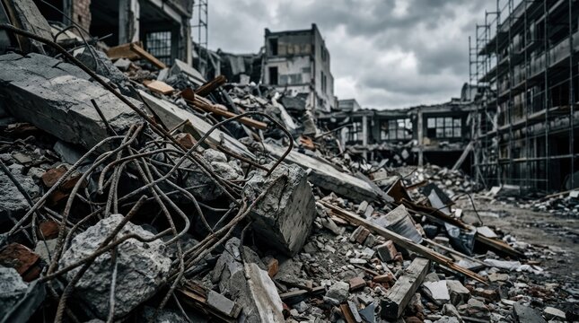 Devastated Cityscape After Catastrophe Ruined Buildings and Debris Pile.