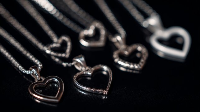 Elegant silver necklaces with heart pendants on black background, luxury romantic jewelry collection for women, stylish love symbol accessories, fine fashion necklace display, minimalist gift concept 