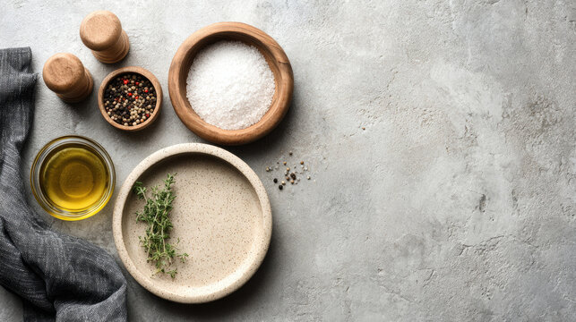 Culinary ingredients and seasonings arranged on a textured surface for food preparation.
