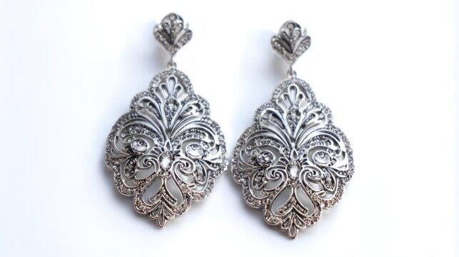Sophisticated silver filigree earrings with intricate floral pattern isolated on white background, elegant vintage jewelry accessory, handmade ornamental design, luxury fashion earrings for women, cla