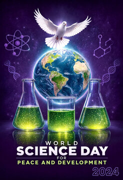 Inspiring world science day poster with globe dove and science symbols for peace and development celebration