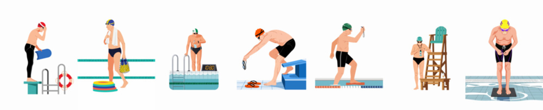 Collection of senior men engaged in various swimming-related activities, from diving and training to timing and weighing in at a public pool.