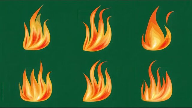 Set of animated stylized 2d flame elements on dark green background