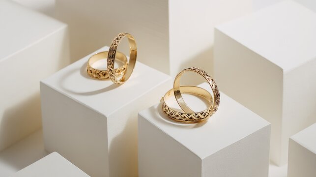 Three elegant golden bracelets displayed on white geometric paper cubes, luxury jewelry product presentation with minimal modern podium, premium fashion accessories isolated on clean white background 