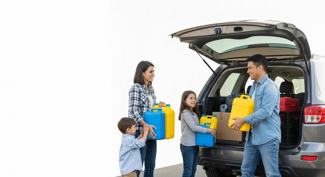 Family loading emergency supplies into car trunk for preparation and travel