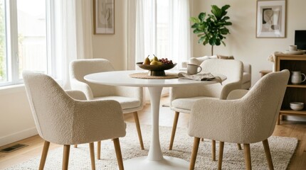 Fototapeta premium Elegant Dining Room with Round Tulip Table and Upholstered Chairs.