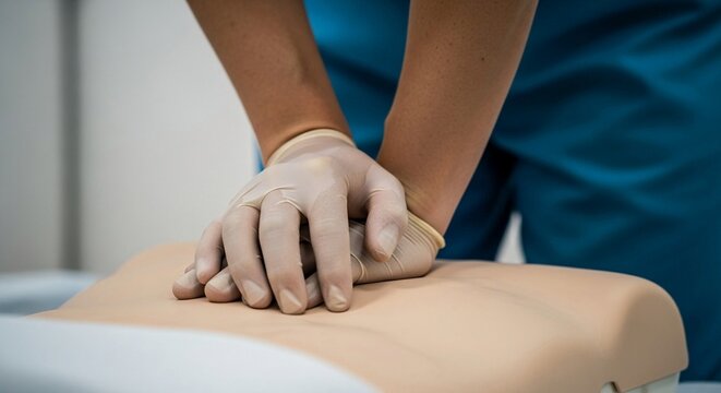 Gloved hands performing chest compressions during CPR training on a patient, demonstrating life-saving emergency medical procedure.
