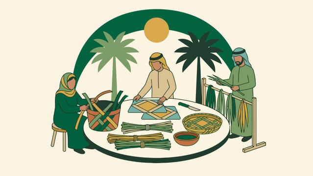 Traditional craftsmanship scene with people weaving palm fronds under trees