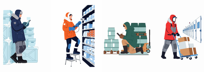 Logistics workers in professional winter gear performing various inventory and management tasks in a cold storage or refrigerated warehouse environment. © Johnwilliam