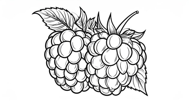 Pair of raspberries with leaves line art sketch.