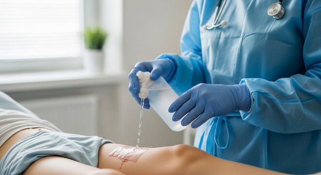 Healthcare professional irrigating a wound on a patient's leg with saline solution for optimal healing and care.