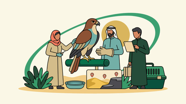Falconry training session with traditional men and woman handling a falcon