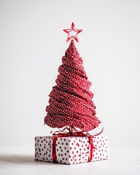 A christmas tree made of red and white polka dot fabric with a star on the top standing on a wrapped gift box with a red ribbon