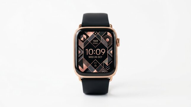 Elegant Rose Gold Smartwatch with Black Band Displaying Time.