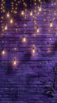 Purple brick wall with hanging edison light bulbs and glowing fairy lights as a decorative background for celebrations and events