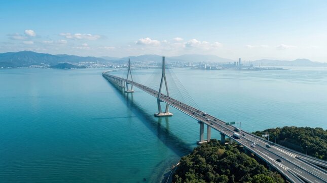 Expansive Cable-Stayed Bridge Spanning Turquoise Waters Under a Clear Blue Sky.