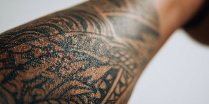 Close up of human arm skin with intricate dark tattoo pattern against white background