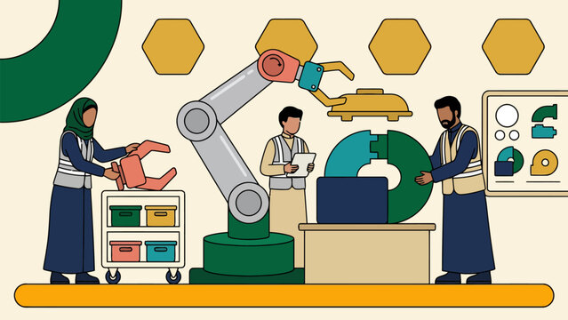 Workers operating robotic arm and assembly equipment in a modern workspace